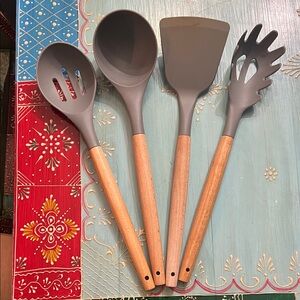Gray Silicone Cooking Utensil Set with Wooden Handles